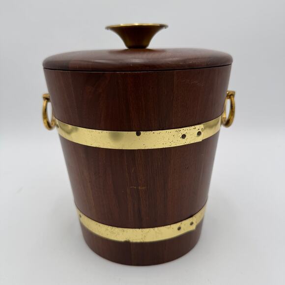Vintage Wooden Ice Bucket with Gold Handle  Mid Century - Picture 2 of 13